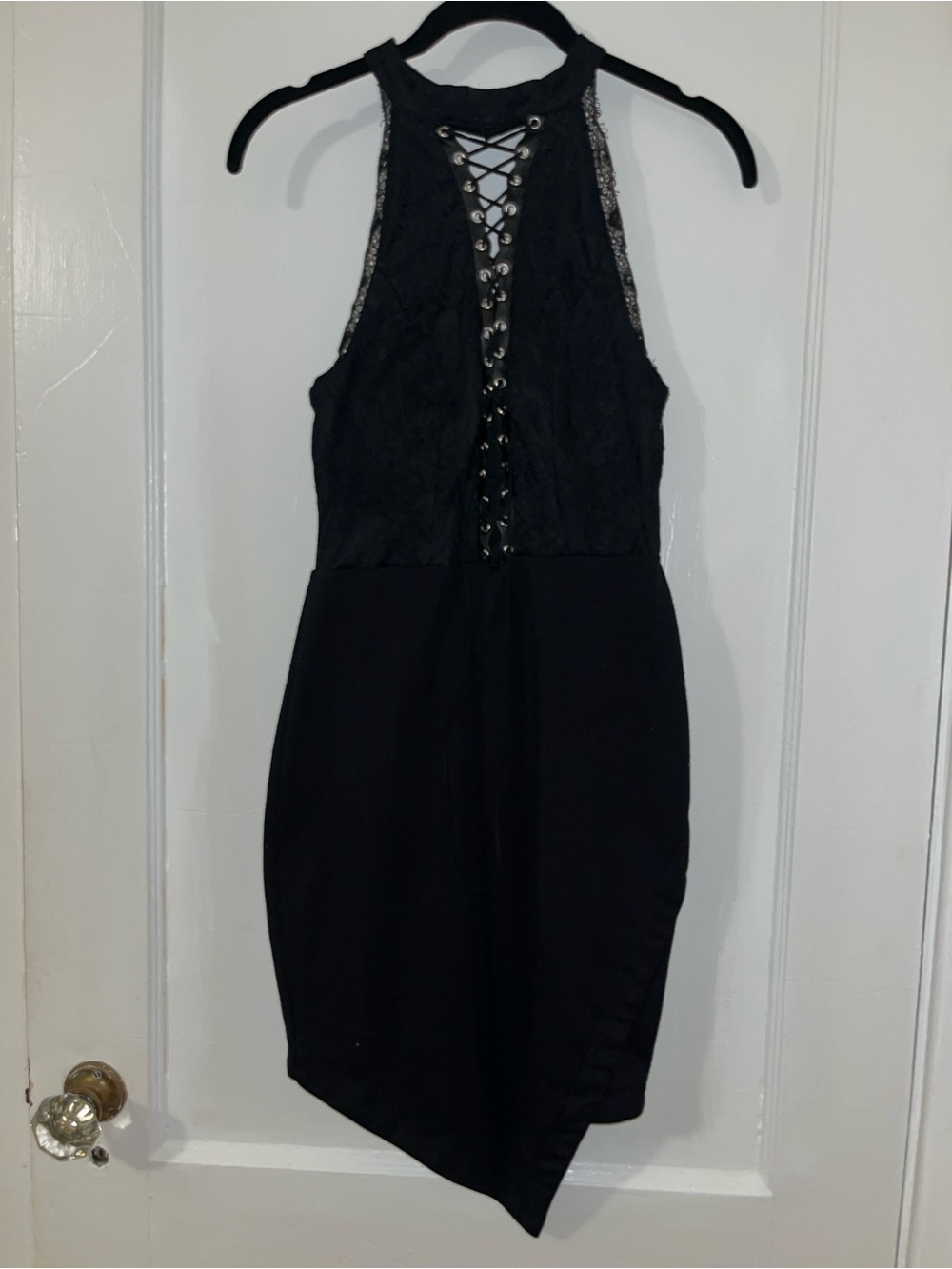 Charlotte Russe Black Lace-Up Asymmetrical Halter Dress